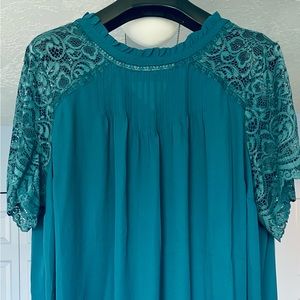Teal Pin-tuck detail blouse with short lace sleeves